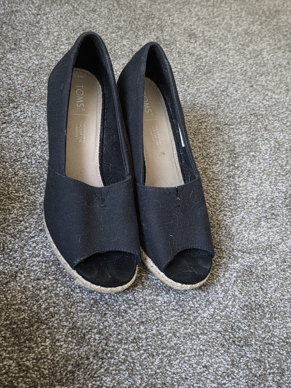 Toms Black Canvas Peep-Toe Espadrille Wedges